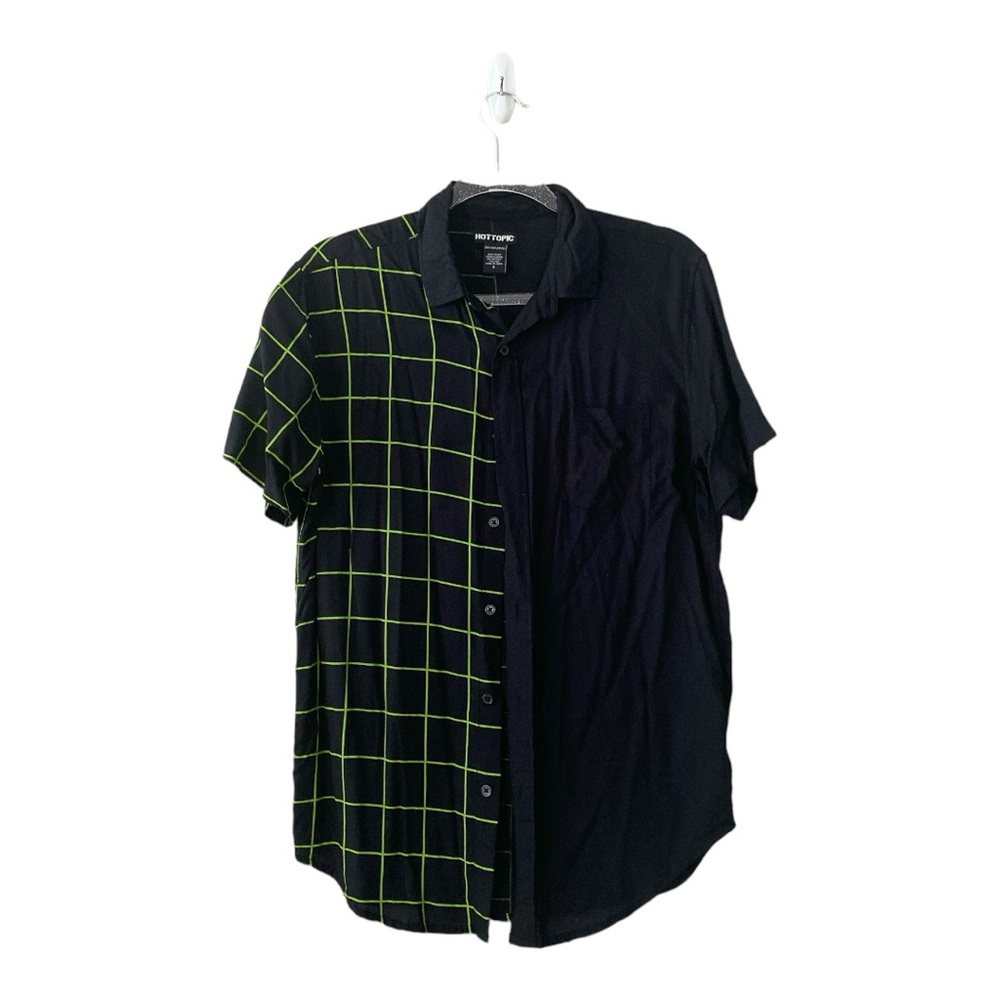 Hot Topic Neon Green & Black Grid Split Button Up Shirt